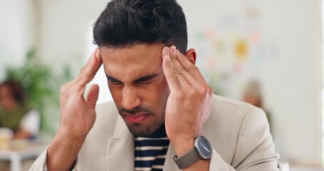 Businessman, hands and headache from work pressure, anxiety or burnout from overtime in home office. Tired, male person with migraine, head pain and fatigue massage from stress for mental health - Powered by Adobe