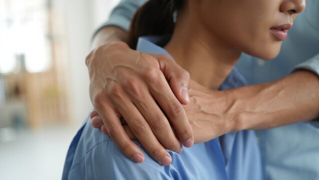 Man offering comfort to a sad woman with hands on her shoulder, showing support and empathy in a close relationship during a difficult emotional period