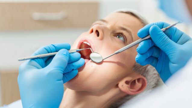 Dentist wearing blue gloves checking a mature woman's open mouth with dental instruments for a routine examination, representing an important visit to maintain good oral health and hygiene