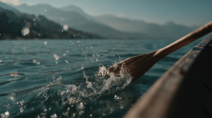 Close-up of a wooden oar dipping into water, creating splashes in a lake