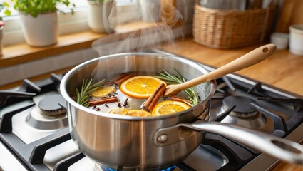 Simmer pot boiling fresh orange slices, cinnamon sticks, rosemary, and cloves on a gas stovetop, creating a cozy and fragrant home ambiance with steam rising