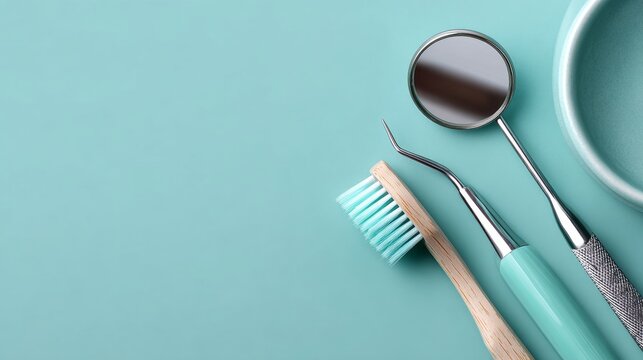 Dental care tools including a wooden toothbrush, explorer, and mirror, positioned on a teal background, symbolizing oral hygiene, health, and a professional dental experience