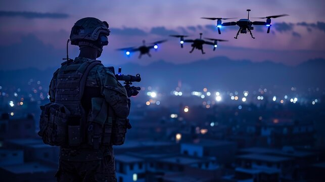 Silhouette of a soldier controlling drones for military reconnaissance and tactical missions