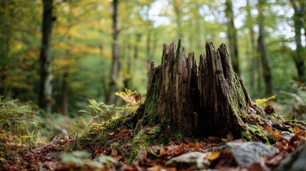 A lifeless stump in a fall forest setting