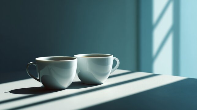 Two coffee cups creating a sense of togetherness and intimate connection in a quiet minimalist setting bathed in morning sunlight and window shadows