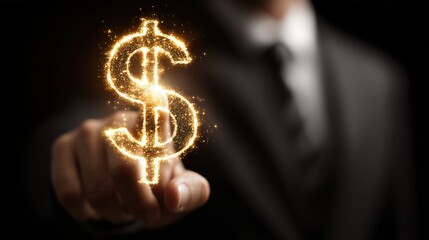 Businessman touching a glowing, digital dollar sign hologram in the dark
