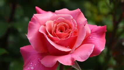 Pink rose flower with fresh water drops on delicate petals, blooming in a vibrant garden, symbolizing romance, natural beauty, and a gentle spring morning