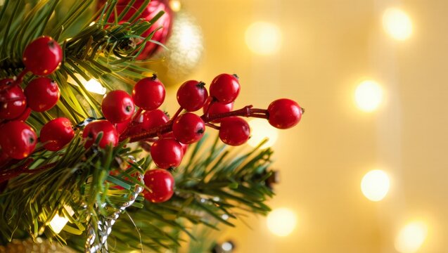 Red holly berries and green fir branches decorating a christmas tree, with festive golden bokeh lights creating a warm holiday background for seasonal celebration - Powered by Adobe