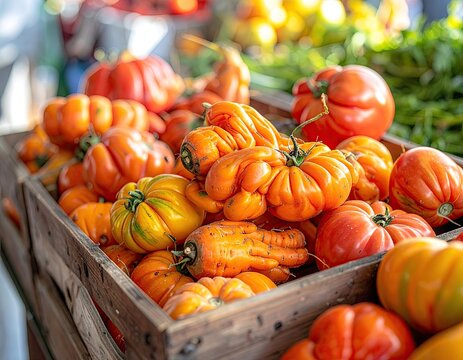 Close Up Display of Freshly Harvested Heirloom Tomatoes in Wooden Crate at Farmers Market in Daylight - Powered by Adobe