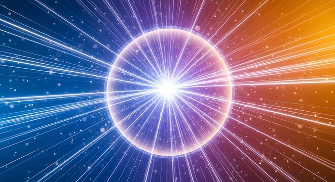 Abstract Sphere Bursting with Energy Radiating Light Streaks on Blue and Orange Gradient Background for Technology Innovation and Futuristic Concepts with Light Particles