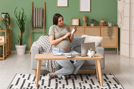 Pregnant young woman with calculator, laptop and piggy bank sitting on sofa in living room - Powered by Adobe