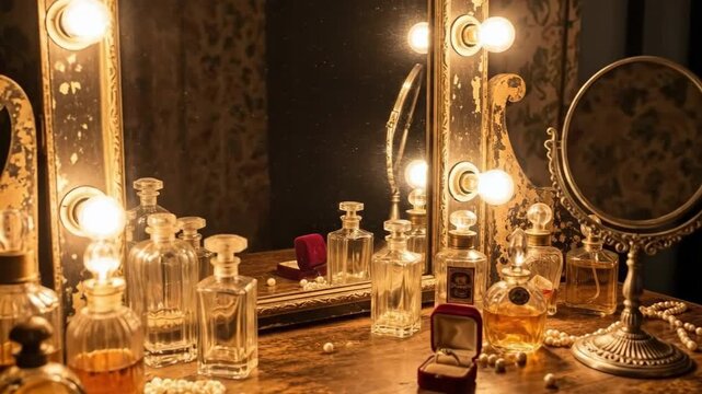 Vintage vanity table with perfume bottles and mirror illuminated by warm light