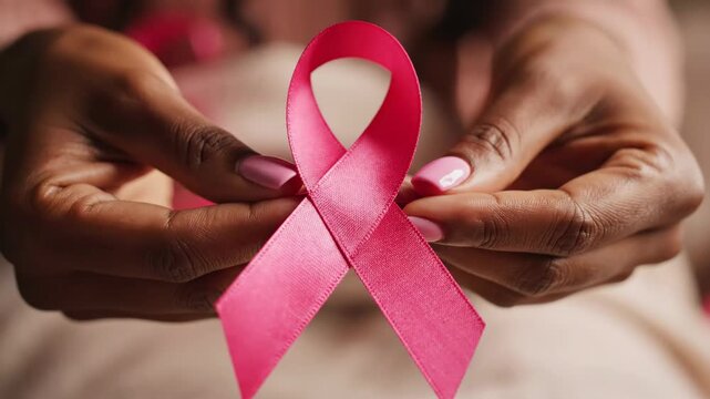 Pink Ribbon Breast Cancer Awareness - A close-up shows an African-American woman's hands holding a pink breast cancer awareness ribbon. - Powered by Adobe
