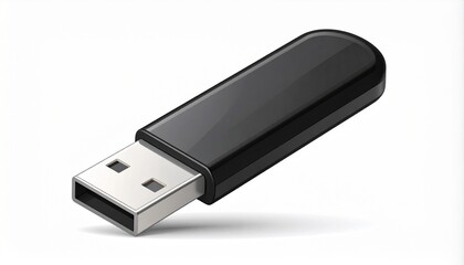 Black USB flash drive isolated on white background, representing data storage and modern digital technology.