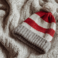 handmade hat lying on a knitted blanket, showcasing warm winter textures and cozy ambiance, perfect for holiday themes and seasonal decorations