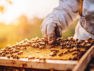 Beekeeper inspecting a frame covered in bees with gloved hand in sunlight