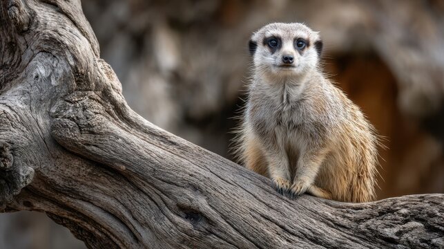 A lone meerkat perched on a fallen log observing its environment