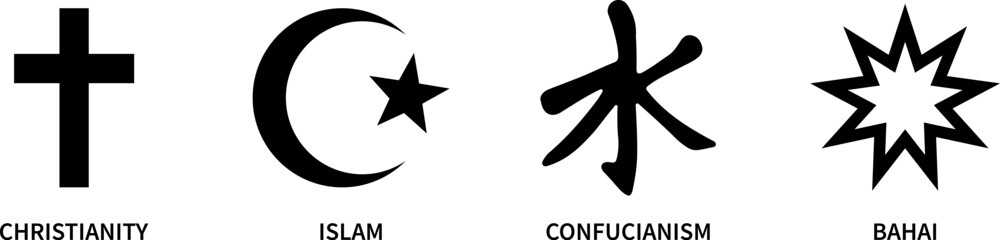 Christianity, Islam, Confucianism and Bahai symbols.Religious icons. Vector
