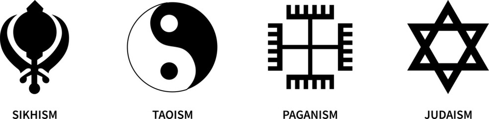 Sikhism,Taoism, Taoism, Paganism and Judaism symbols. Religious icons. Vector