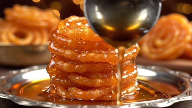 Jalebi being Drizzled with Syrup - A stack of jalebi, a popular Indian sweet, sits on a silver plate. Golden syrup is being drizzled from above, adding a glossy sheen to the treat.