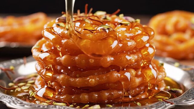 Jalebi Dessert Stack with Syrup - A close-up shows syrup being poured over a stack of golden Jalebi, a popular Indian sweet.