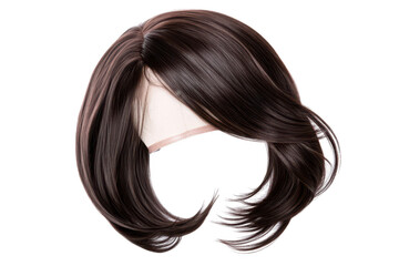 A realistic. medium-length synthetic wig with soft. dark brown hair. displayed against a white background. ideal for fashion photography or beauty product advertisements