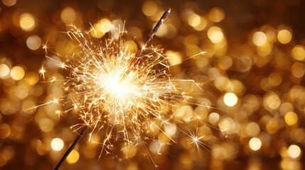 Bright golden sparkler on a warm, glowing bokeh light background