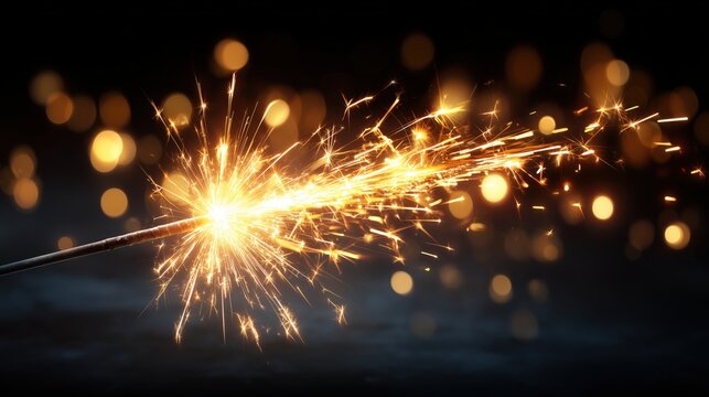 Handheld sparkler with golden trail against a dark background