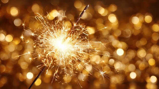 Bright golden sparkler on a warm, glowing bokeh light background
