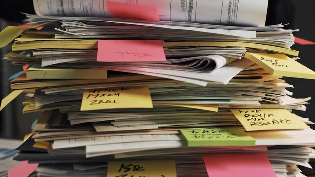 Overworked Overload: Stack of Paperwork - A high stack of papers and documents is covered with colorful sticky notes in an office environment.