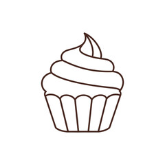 Cupcake with swirl of frosting sits isolated on white surface, simple line drawing style for sweet treat concept.
