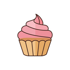 Pink frosted cupcake sitting on white surface, tempting treat with sweet frosting and golden base, perfect for dessert or celebration.