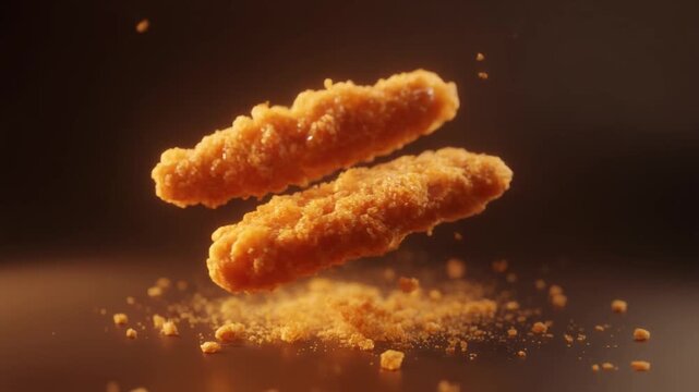 Crispy Golden Chicken Tender with Falling Crumbs on Dark Background