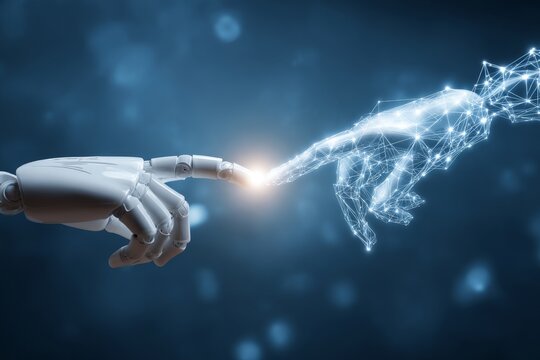 Human and robot hands connecting in a futuristic big data network, symbolizing ai and innovation