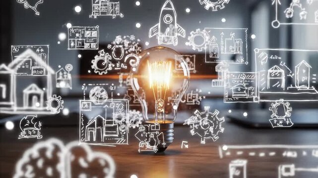 Innovation and Ideas Conceptualization - A lit lightbulb sits in the center, surrounded by hand-drawn illustrations of houses, rockets, gears, and other schematic-like drawings.