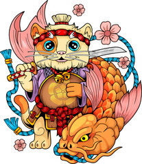 cartoon cute samurai cat, funny illustration