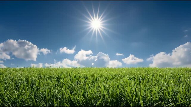 Embracing the Horizon: A vibrant tableau of boundless nature, where a radiant sun casts its golden glow over a lush green field, accentuated by a vivid blue canvas of sky and fluffy clouds.