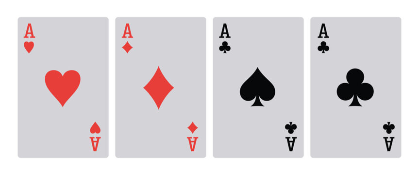 Set of ace card suit on white background, hearts, diamonds, clubs and spades symbols