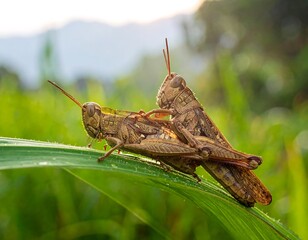 Two grasshoppers engaged in mating, perched atop a vibrant green leaf, with a blurred background of grass and a mountain