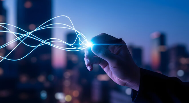 Hand holding a glowing blue light with wavy trails, symbolizing digital connectivity, innovation, and futuristic technology against a city backdrop.