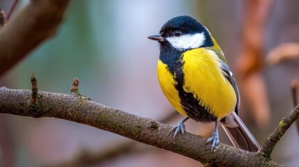 Fototapeta premium A lovely yellow breasted bird perches on a tree branch
