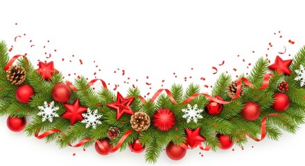 Festive christmas garland with ornaments and pine cones isolated on white background