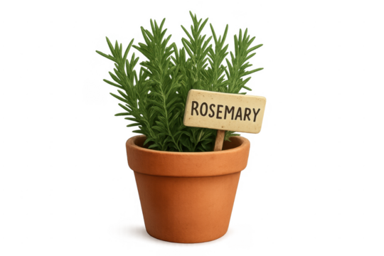 Rosemary herb plant in terracotta pot with label