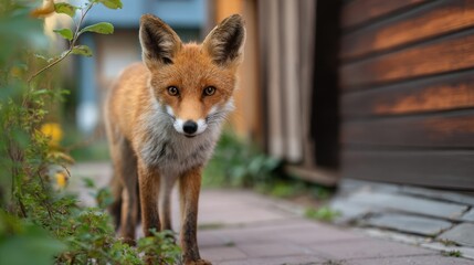 Obraz premium A lovely young fox strolls through a private home s yard Selective focus
