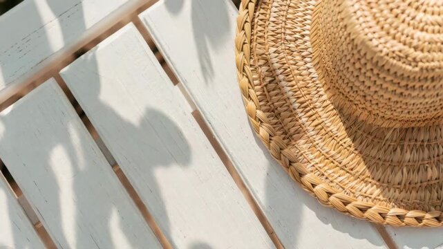 Straw sun hat casting soft shadows on white wooden table surface, summer sunlight creating natural patterns, outdoor relaxation, beachwear accessory, warm and inviting atmosphere
