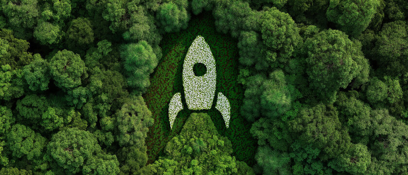 Green Rocket Startup, Eco Innovation, Sustainable Growth, Environmental Technology, Nature Friendly Business Concept. Panoramic bg