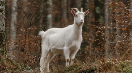 A young Saanen goat with white wool is grazing in the woods
