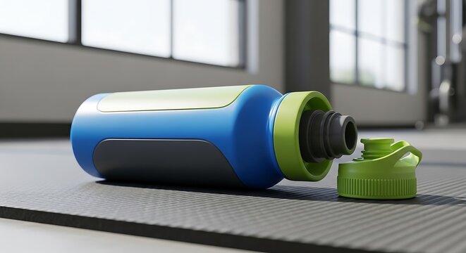 Fitness Hydration A Blue and Green Water Bottle on a Yoga Mat
