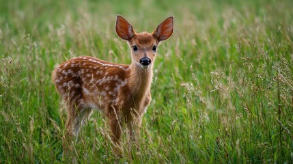 Fototapeta premium A young deer in a sunlit meadow