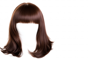A sleek. shiny brown wig with soft curls and blunt bangs. displayed against a clean white background. ideal for fashion shoots or hairstyling tutorials